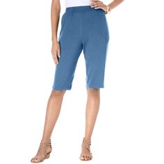 These longer-length shorts are a seasonal must-have made with a relaxed fit that's perfect for everyday wear. Spring Cotton Bermuda Shorts Mid-thigh Length, Casual Knee-length Loungewear Shorts, Casual Bottoms With Elastic Waistband, Mid-thigh Length, Casual Mid-thigh Length Bottoms With Elastic Waistband, Comfortable Casual Short Bottoms, Casual Elastic Waistband Knee-length Capris, Comfortable Pull-on Short Bottoms, Comfortable Pull-on Style Bottoms, Casual Shorts With Comfort Stretch