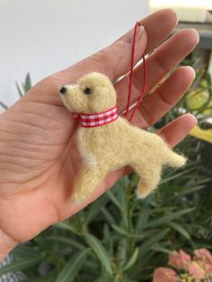 a hand holding a tiny dog ornament in it's right hand, with a red ribbon around its neck