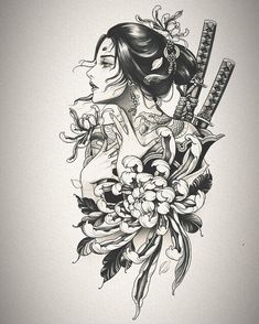 a drawing of a woman with flowers and two swords in her hand, holding a flower bouquet