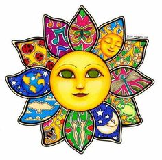 a drawing of a sun with many different designs on it's face and eyes