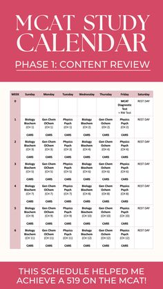 the mca study calendar is shown in pink and white with text that reads,'this schedule helped me to achieve a 50 - on the mat