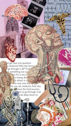 a collage of medical related items including an x - ray, stethoscope and brain images