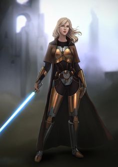 a woman in a star wars outfit holding a light saber