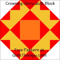 a red and yellow quilt block with the text growing glory quilt block free pattern at quilt therapy