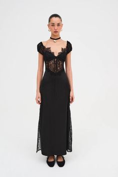 Pairs well with champagne ~ introducing the Casey Maxi Dress from For Love & Lemons. Self: 100% Polyester; Lining: 97% Recycled Polyester/ 3% Spandex Runs true to size. Measure your body and compare to the measurements in the guide to determine your size in For Love & Lemons. Eco Dry Clean recommended. Avoid cleaners that use harmful chemicals like "Perc". Corded lace V-neck Lined cups Sheer lace bodice Cap sleeves Contoured waist with boning Thigh-high slit Back keyhole Scrunchie elastic band C Punk Bridesmaid Dresses, Whimsigoth Wedding Guest, Lace Dress Outfit, Dress With Lace Sleeves, Black Corset Dress, Corded Lace, Lace Bodice, Women Long Dresses, Harmful Chemicals