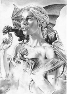 a drawing of a woman holding a dragon