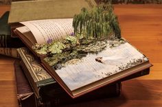 an open book sitting on top of a wooden table next to two books with plants growing out of them