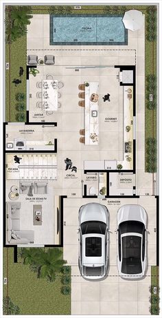 two cars are parked in the middle of a floor plan for a house with an outdoor swimming pool