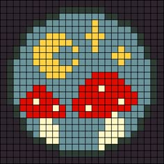 a cross stitch pattern with two red mushrooms on the front and one yellow mushroom on the back