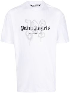 white cotton soft jersey crew neck logo print at the chest graffiti print text print short sleeves straight hem Monogram T Shirts, Angels Logo, Text Print, Streetwear Aesthetic, Graffiti Prints, Lost Soul, Monogram Prints, Palm Angels, T Shirt Vest