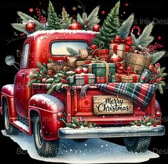 an old red truck with christmas presents in the bed and on the back is a pine tree