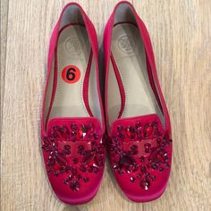 Unworn- Beautiful! Christmas Red Red Round Toe Flats For Party, Red Round Toe Party Flats, Red Party Flats, Red Flats For Spring Evening, Red Flats For Evening In Spring, Red Flats For Evening Spring Events, Red Round Toe Flats For Evening, Jeweled Flats, Tory Burch Flats