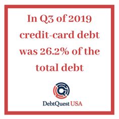 a red square frame with the words in q5 of 2019 credit card debt was 26 % off the total debt