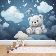 a white teddy bear sitting on top of a cloud filled sky with stars and moon