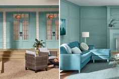 two pictures of a living room with blue walls and furniture in the same color scheme