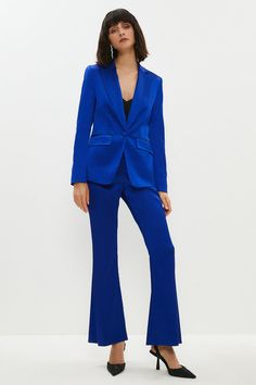 Style: Tailored TrousersFabric: SatinLength: Regular Trousers Details, Trousers For Women, Satin Trousers, Satin Blazer, Flared Trousers, 70s Style, Flare Trousers, The Drama, Blue Satin