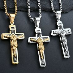 Jesus Crucifix Cross Pendant Necklace Religious Christian Jewelry Box Chain 24" | eBay Gold Crucifix Necklace, Chain Types, Necklace Christian, Necklace Chain Types, Crucifix Necklace, St Benedict, Gold Chains For Men, Daily Jewelry, Cross Chain