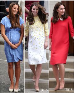 three pictures of the same woman in different dresses, one is pregnant and the other is wearing