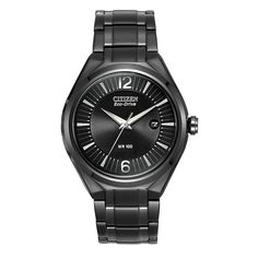 Bring on the fashion with a sporty watch and bracelet set by Citizen. Water-resistant up to 100 meters, this black boxed set features a black ion-plated stainless steel bracelet and case. The round black dial with precision timekeeping and a date display marks its mystique. A matching bracelet completes its versatility. Get the right look for the right occasion. Citizen has pioneered watchmaking for over 100 years, achieving excellence through innovation, creativity and craftsmanship. Guided by Classic Black Stainless Steel Watch Accessories, Black Timeless Watches With 10atm Water Resistance, Black Stainless Steel Watch With Rectangular Dial, Matte Black Watch With 10atm Water Resistance, Classic Black Outdoor Watch, Classic Black Watch Accessories With 10atm Water Resistance, Modern Black Watch With 10atm Water Resistance, Black Stainless Steel Watch For Everyday, Classic Black Watch Accessories For Everyday