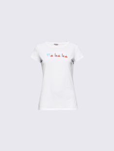 a women's white t - shirt with an orange and blue logo on the chest