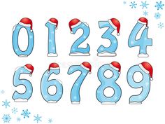 christmas numbers with santa hats and snowflakes on white background stock photo - image