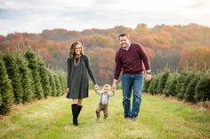 a man and woman holding hands while walking with a toddler in front of christmas trees