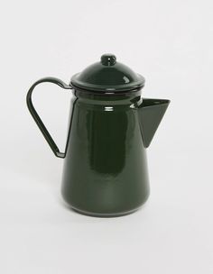 a green coffee pot with a black lid on a white background, it appears to be empty