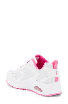 Give your kid sporty style with this mesh and faux-leather sneaker featuring memory foam cushioning and a grippy sole. Lace-up style Air-Cooled Memory Foam® insole Skech-Air® visible airbag midsole Synthetic and textile upper/textile lining/synthetic sole Imported Functional Pink Synthetic Walking Shoes, Pink Synthetic Walking Shoes For Light Sports, Sporty Pink Synthetic Walking Shoes, Pink Low-top Mesh Walking Shoes, Pink Sporty Breathable Walking Shoes, Pink Breathable Sporty Walking Shoes, Pink Sporty Walking Shoes For Light Sports, Sporty Pink Walking Shoes For Light Sports, Scratch-resistant Synthetic Sneakers With Secure Fit