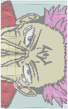 a cross - stitch pattern of a cat's face with pink flowers on it