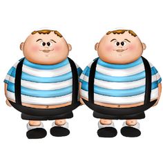 two cartoon characters are standing next to each other, one is wearing a blue and white striped shirt