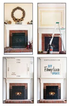 four pictures of fireplaces with the words diy fireplace update written on them