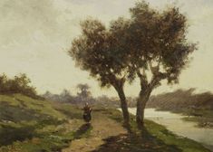 a painting of a person walking down a dirt road next to a tree and water