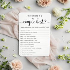 a card that says who knows the couple's best? with flowers around it