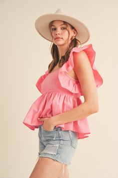 Expertly crafted with a fitted bodice and smocked back, this Ruffle Sleeve Babydoll Top features a sweet sweetheart neckline and charming ruffled flutter sleeves. Top stitch details on the bust give it a touch of texture, while the lined peplum hem adds a dose of femininity. Elevate your wardrobe with this must-have piece. Feminine Smocked Top With Ruffles For Summer, Feminine Summer Smocked Top With Ruffles, Feminine Smocked Top With Ruffle Sleeves For Spring, Feminine Smocked Top With Ruffle Sleeves, Flirty Smocked Top For Brunch, Summer Smocked Top With Flutter Sleeves And Ruffles, Summer Smocked Top With Ruffles And Flutter Sleeves, Flirty Smocked Top With Ruffles For Summer, Feminine Smocked Top With Ruffles For Spring