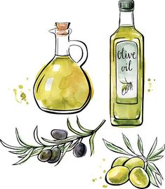 an olive oil bottle and some olives