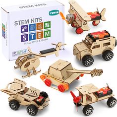 the wooden toy kits are designed to look like vehicles