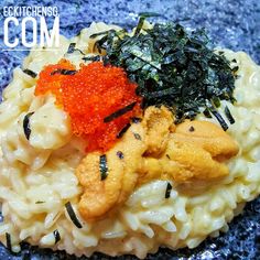 some food is sitting on top of a blue plate with silver flecks and red cauliflower