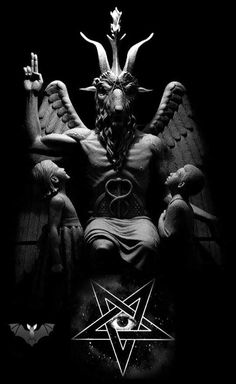 an artistic black and white photo with the devil surrounded by other demonic creatures in front of it