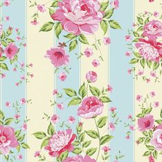 a floral wallpaper with pink flowers and green leaves on a light blue striped background