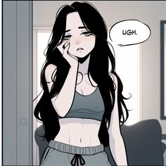 a girl with long black hair is talking on her cell phone and has an empty thought bubble above her head