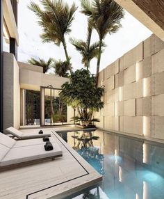 an indoor swimming pool with lounge chairs and palm trees