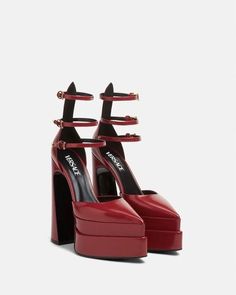 Versace Shoes, Pink High Heels, Crystal Sandals, Donatella Versace, Leather Heels Sandals, Ankle Strap Pumps, Patent Leather Heels