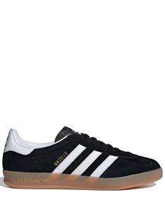 Gazelle Indoor sneaker by ADIDAS in black suede with white leather bands and brown rubber tongue and sole. This item is in size 7½ and the color is Classic Suede Skate Shoes With White Sole, Adidas Classic Custom Sneakers With Gum Sole, Adidas Leather Skate Shoes With Branded Insole, Leather Adidas Skate Shoes, Black Suede Sneakers With Gum Sole, Adidas Suede Skate Shoes With Vulcanized Sole, Adidas Suede Low-top Skate Shoes, Adidas White Suede Skate Shoes, Adidas Lace-up Sneakers With Rubber Heel Cap