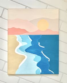 a painting on a brick wall with the ocean and mountains painted in pastel colors