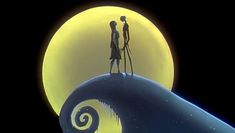 two people standing on top of a wave in front of the moon