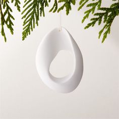 a white ornament hanging from a tree branch with green leaves on it's side