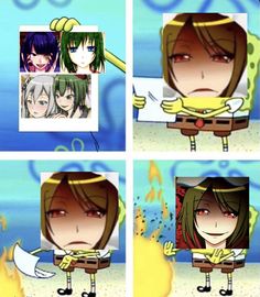 four different pictures of an anime character with green hair and brown eyes, holding a knife