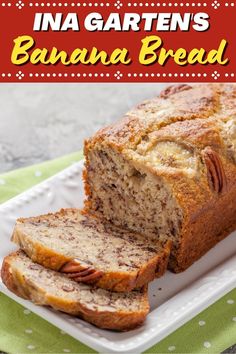 banana bread on a plate with text overlay