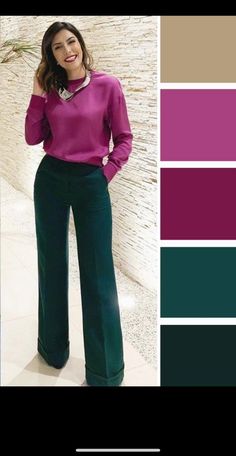 Emerald Green Pants Outfit Color Combos, Hunter Green Pants Outfit, Forest Green Pants Outfit, Colorful Office Outfits, Purple Pants Outfit, Fall Outfit Ideas For Women, Women Fall Outfits, Green Pants Outfit, Fall Outfits Ideas