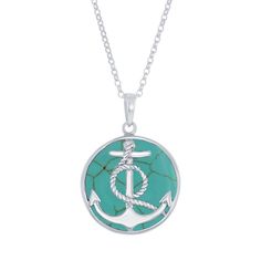 "Shimmering inlays give this seaside-inspired anchor necklace eye-catching style. Shimmering inlays give this seaside-inspired anchor necklace eye-catching style. NECKLACE DETAILS Clasp: spring-ring Packaging: boxed Plating: rhodium Finish: polished Metal: sterling silver Length: 18 in. Gemstones may have been treated to enhance their appearance. Special care may be required. Size: 18"". Color: Blue. Gender: female. Age Group: adult." Nautical Style Anchor Jewelry In Blue, Blue Nautical Anchor Jewelry, Turquoise Coastal Jewelry Gift, Turquoise Coastal Jewelry As Gift, Turquoise Coastal Jewelry As A Gift, Ocean-inspired Turquoise Round Pendant Necklace, Blue Nautical Style Anchor Jewelry, Coastal Style Turquoise Jewelry As Gift, Ring Packaging